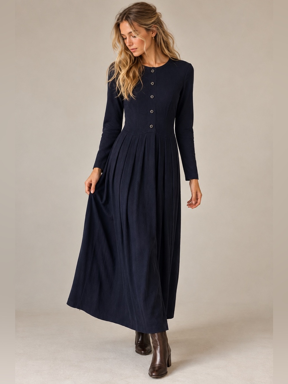 Vintage 90s Comrags Wool Rayon Navy Maxi Dress Made in Canada M